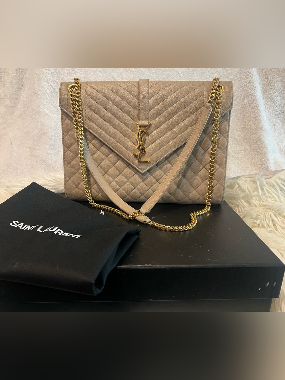 Yves Saint Laurent Large Envelope Quilted Shoulder Bag in Dark Beige - Picture 2 of 16